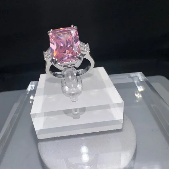 Pink Cubic Zirconia Emerald Cut Silver Ring Size 9 - Picture 9 of 12